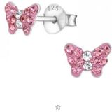 Oorbellen meisje | Zilveren kinderoorbellen | Zilveren oorstekers, roze vlinder van kristallen