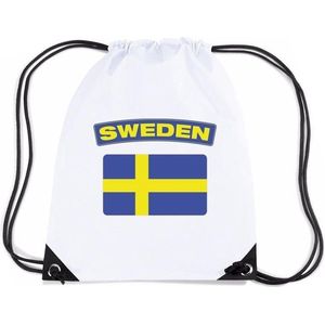 Zweden nylon rijgkoord rugzak/ sporttas wit met Zweedse vlag