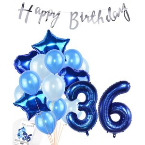 Snoes Ballonnen 36 Jaar Feestpakket – Versiering – Verjaardag Set Mason Blauw Cijferballon 36 Jaar - Heliumballon