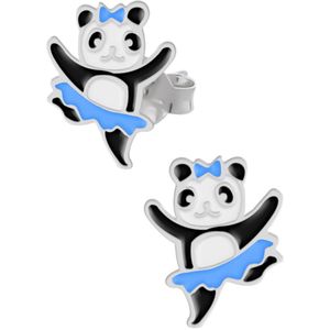 Oorbellen meisje zilver | Zilveren oorstekers, dansende panda met blauw rokje