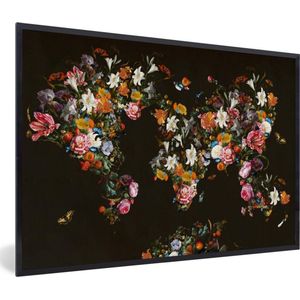 Fotolijst incl. Poster - Wereldkaart - Bloemen - Vlinder - Zwart - 60x40 cm - Posterlijst