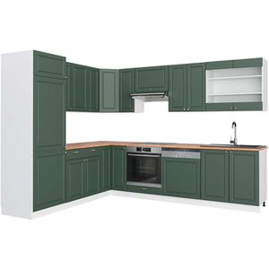 Vicco Fame-Line Hoekkeuken – 287 x 60 cm , WB Eik Groen-Goud Landhuis/Wit , WB Eik