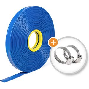 Rubbermagazijn | Verstevigde - platte waterslang | Rol 50m | Ø 38mm | Incl. 2x Slangklem | Flexibel & Scheurvast