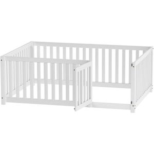 Gotagee Kinderbed 140x200cm Tweepersoonsbed (zonder matras) Massief Houten Bedframe met Veiligheidshek en Deur Grenenhout