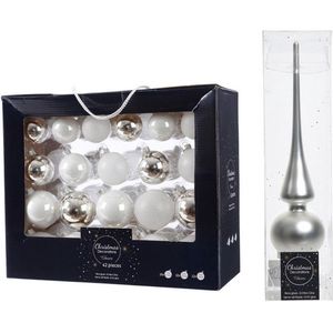 42x stuks glazen kerstballen wit/zilver 5-6-7 cm inclusief zilveren piek - Kerstversiering