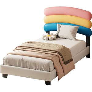 Merax Kinderbed 90x200 - Kunstleer Gestoffeerd Bed voor Kinderen - Regenboog Hoofdbord - Wit