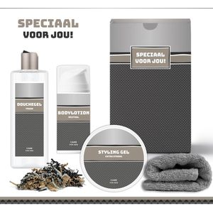 Geschenkset ""Speciaal voor jou!"" - 4 Producten - 600 Gram | Giftset voor hem - Luxe cadeaubox man - Douchegel - Bodylotion - Styling Gel - Vaderdag - Verjaardag - Wellness - Pakket - Cadeau set - Vader - Broer - Vriend - Collega - Antraciet - Zilver