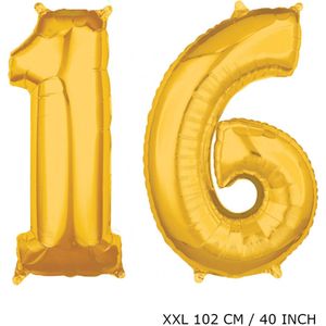 Mega grote XXL gouden folie ballon cijfer 16 jaar.  leeftijd verjaardag 16 jaar. 102 cm 40 inch. Met rietje om ballonnen mee op te blazen.