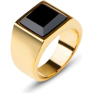Klassieke Zegelring Heren Goud Kleurig met Zwarte Steen - Cadeau voor Man - Mannen Cadeautjes Accesoires