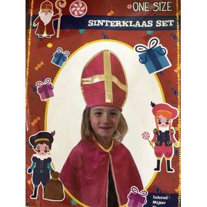 Sinterklaas set één maat met roze mijter en cape - Sinterklaaspak voor kinderen 2-delig roze cape & mijter - Sint verkleedset voor meisjes en jongens