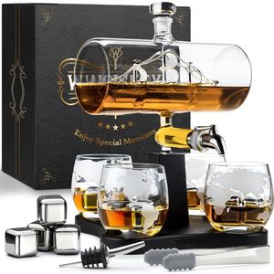 Whisiskey Whiskey Karaf - Luxe Whisky Karaf Set Zeilschip - 1L - Decanteer Karaf - Zeilboot - Whiskey Set - Incl. 4 Whiskey Stones, Schenktuit, tap & 4 Whiskey Glazen - Peaky Blinders - Vaderdag cadeau geschenk - Vaderdag cadeaupakket