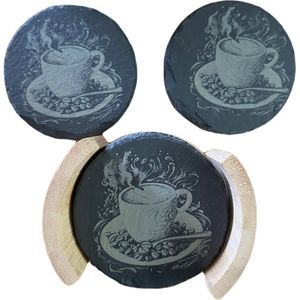 Secret de Gourmet Onderzetters in bamboe houder - 6x - antraciet - leisteen - 10 cm - type koffie