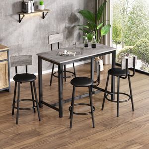 Eettafel en stoelenset, bartafel en stoelenset, 1 tafel en 4 stoelen, loungestoel met vier metalen poten, rechthoekige eettafel, grijs + zwart