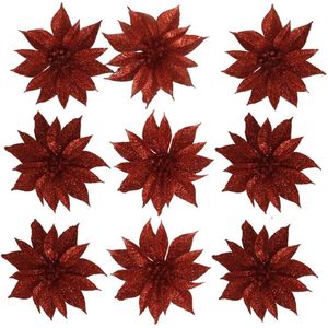 Kerstboom bloemen op clip - 9,5 cm - 12x stuks - glitter rood - kunststof
