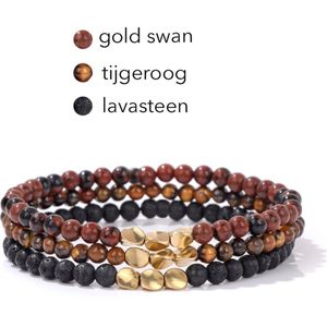 Marama - armbanden set Tibet rood - elastisch - edelstenen - gold swan - lavasteen - tijgeroog - set van 3 - damesarmband