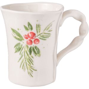 Clayre & Eef Servies Mok 300 ml Beige, Groen Keramiek Rond Kersttak Beker Koffiemok Kopje