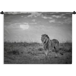 Wandkleed Leeuw in zwart wit - Leeuw met zondsondergang Wandkleed katoen 180x135 cm - Wandtapijt met foto