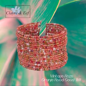 Clayre & Eef spang armband met rocaille glaskralen - nr. 785 - vintage roze / oranje / rood / goud / wit - dames meisjes - volwassenen jeugd - casual feest