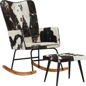 The Living Store Schommelstoel Echt Leer - Relaxstoel met Voetenbank - Zwart - 56 x 74 x 93 cm (B x D x H) - Stabiele Poten - Optimaal Zitcomfort