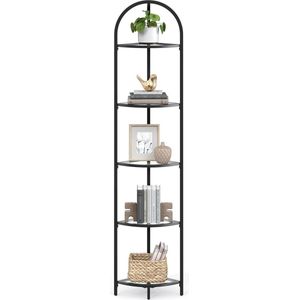 Hoekrek met 5 niveaus - Boekenkast, plantenrek en badkamerrek van gehard glas en metaal frame in moderne stijl - Zwart