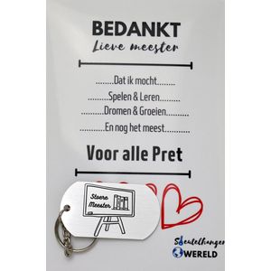 Stoere meester Sleutelhanger inclusief kaart - meester cadeau - Cadeaupakket meester - einde schooljaar - afscheid - Leuk kado voor je meester om te geven - 2.9 x 5.4CM