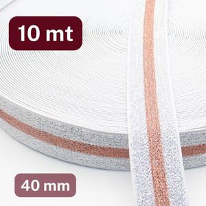 10 Meter LUREX TAILLEBAND ELASTIEK, Breedte 40MM, Kleur ZILVER/KOPER