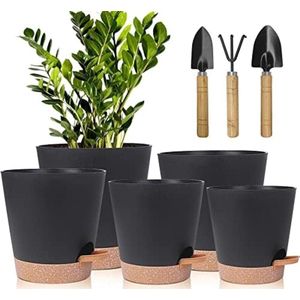 Zelfbewaterende Bloempotten Set van 5 - Kunststof Plantenbakken met Irrigatiesysteem en Onderzetter - Geschikt voor Binnen, Balkon en Tuin - Zwart/Bruin - Diameters: 17.8cm, 16.5cm, 15.2cm, 13.9cm, 12.7cm