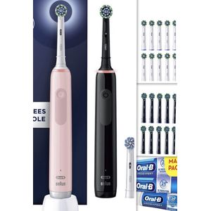 Oral B Pro 3 3900 Duo - Groot startpakket - Zwart en Roze Elektrische tandenborstel - 20 x Cross Action Pro opzetborstels - (10x zwart en 10 x wit) + 4x oral b tandpasta.