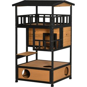 Kattenhuis - Voor buiten - Hok - Kooi - Bench - Ren - 3 verdiepingen - duurzaam - Bruin