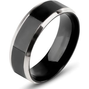 Zwarte Heren Ring met Zilver Kleurige Rand - Staal - Ringen Mannen - Cadeau voor Man - Mannen Cadeautjes Accesoires