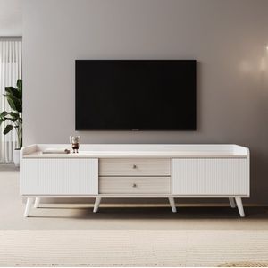 TV-tafel- met twee laden-lowboard laag paneel met twee schuifdeuren -Wit en natuurlijke houtkleur