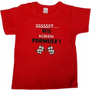Rood baby t-shirt met ""Sssssst... Wij kijken Formule 1"" - maat 80 - babyshower, zwanger, cadeautje, kraamcadeau, grappig, geschenk, baby, tekst, bodieke, racen