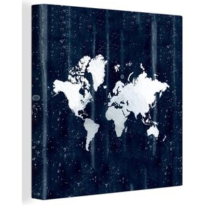 Canvas Wereldkaart - 90x90 - Wanddecoratie Wereldkaart - Blauw - Sterrenhemel