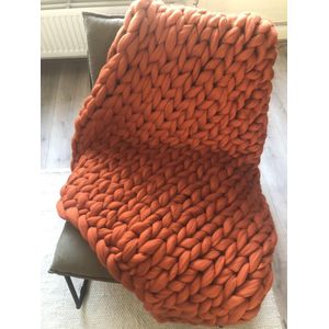 HOMEY & STUFF gebreide wollen deken XXL - 100% Handgemaakt Merino Lontwol Plaid - Huisdecoratie Kleed - 120 x 150 cm - Vintage Oranje