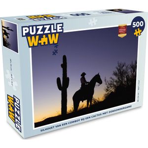 Puzzel Silhouet van een cowboy bij een cactus met zonsondergang - Legpuzzel - Puzzel 500 stukjes