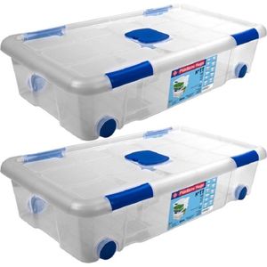 2x Opbergboxen/opbergdozen met deksel en wieltjes 30 liter kunststof transparant/blauw - 73 x 41 x 17 cm - Opbergbakken