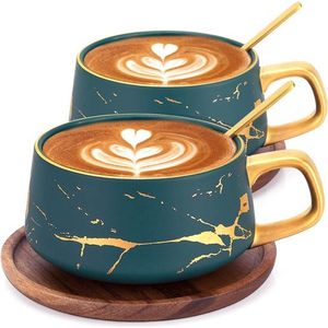 Set van 2 espressokopjes, 300 ml cappuccinokopjes, marmeren koffiekopjes met schoteltje, porselein, 2 kopjes, 2 schoteltjes, 2 lepels, groen