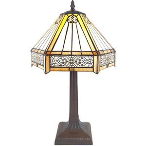 HAES DECO - Tiffany Tafellamp Ø 30x50 cm Beige Bruin Kunststof Glas Zeshoek Tiffany Bureaulamp Tiffany Lampen Glas in Lood