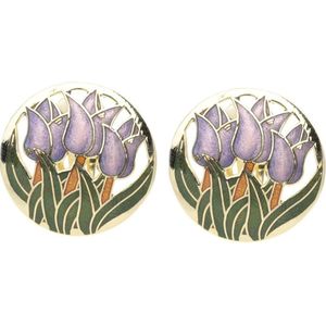 Behave Clip oorbellen oorclips tulpen goud kleur paars emaille 2,5 cm