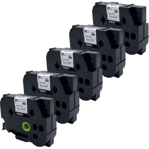 DULA Brother Compatible label tape- Tze-951 - 5 cassettes - Brother P-Touch - Zwart op zilver - 24mm x 8m