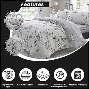 Luxe BIRDIE BLOSSOM Bed Set met Dekbedovertrek en kussensloop, Polyester-katoen, grijs, dubbel (200 x 200 cm)