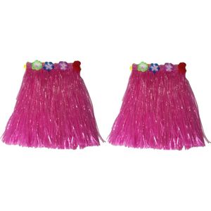 Toppers - Hawaii thema verkleed rokje - 2x - raffia - roze - 40 cm - volwassenen