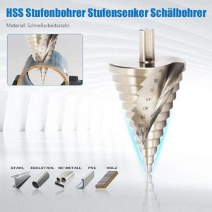 Trappenboor, kegelboor, schilboor, spiraalvormig, gegroefde bit, stappenboor, staal, kegelboor, 6-60 mm, voor roestvrij staal, trappenboor, hout, greeplengte 13 mm