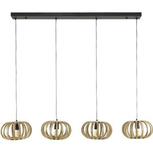 Hanglamp Stripes van massief mango | 4 lichts | naturel / zwart | 30x160x150 cm | eettafel lamp | eetkamer / woonkamer | industrieel / natuurlijk ontwerp
