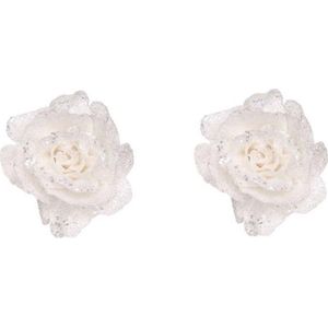 2x stuks witte rozen met glitters op clips 10 cm - kerstversiering