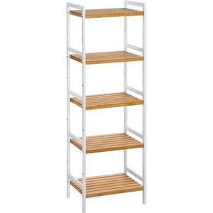 Bamboerek, keukenrek, badkamerrek, boekenrek, staand rek met 5 planken, ideaal voor badkamer, keuken, woonkamer, slaapkamer, balkon, natuurlijk wit