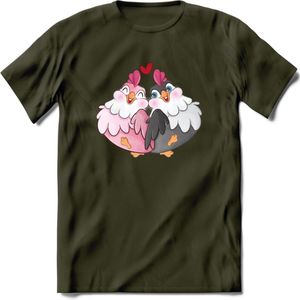 Tortelduifjes - Valentijn T-Shirt | Grappig Valentijnsdag Cadeautje voor Hem en Haar | Dames - Heren - Unisex | Kleding Cadeau | - Leger Groen - L