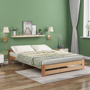 Sweiko massief houten bed futonbed massief hout naturel bed met hoofdbord en lattenbodem, naturel (200x140cm)
