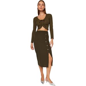 Trendyol Kaki Maxi-Knop Gedetailleerde Crêpe Gebreide Kokerrok Twoss23Et00320