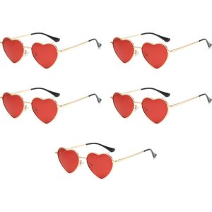 Hartjes zonnebril - Metalen Frame - Rood - 5 stuks - Festival bril / Hippie bril / Rave zonnebrilbril / Techno bril / Feestbril / Caranaval bril / accessoires / heren / dames / carnavalskleding / carnavals / verkleed / valentijn